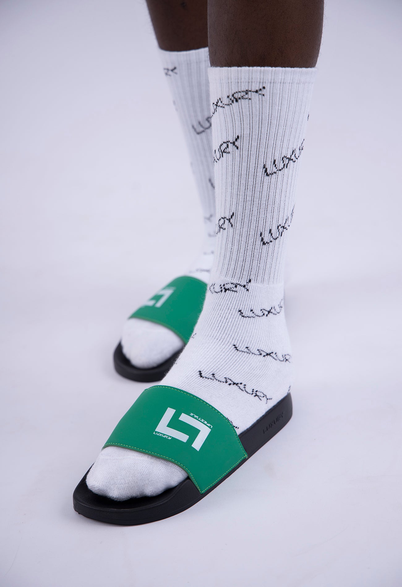 Green and White Luxury Leather Slides